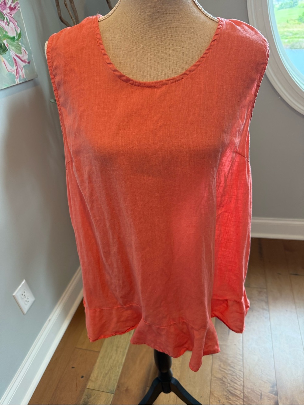 Sleeveless Linen Blend Ruffle-Hem Blouse in Tangerine